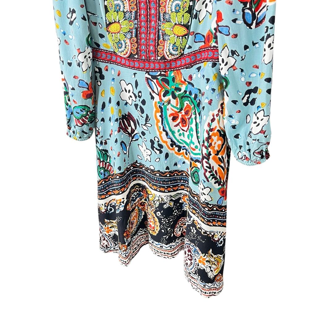 Akemi+ Kin Anthropologie Blue Fit & Flare Boho Beaded V-Neck Dress Womens SZ 8 - Picture 11 of 16